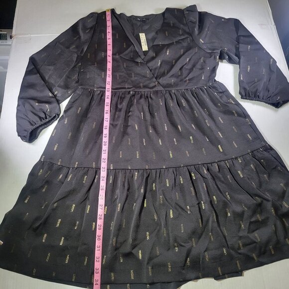 Madewell Women True Black Metallic Jacquard Faux Wrap Tiered Mini Dress Size M - Picture 4 of 7